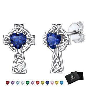 Sapphire Celtic Trinity Cross Sterling Silver Earrings Gift Box New